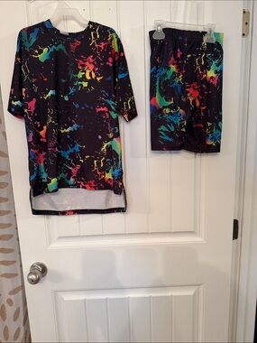 Neon Paint-Splash Active Tee & Shorts Set - Black Base
